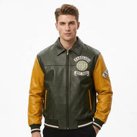 Blouson aviateur sur mesure pour homme en cuir pleine fleur bicolore avec broderie appliquée, lettres cloutées de strass et logo personnalisable