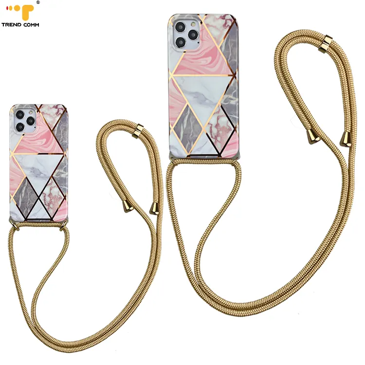 Shiny Luxury Geometric Pattern Gold Plating Lines For iPhone 12 Pro Max Cross Body PPM Rope Phone Case