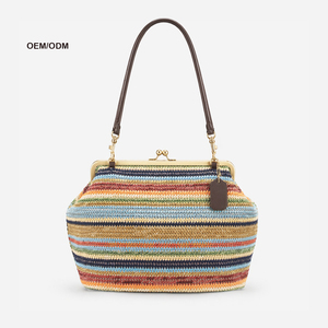 Bolso de mano a rayas de paja para mujer, con forma de marco, correa única, estilo bohemio, cierre de broche, para uso diario - Product Image 1