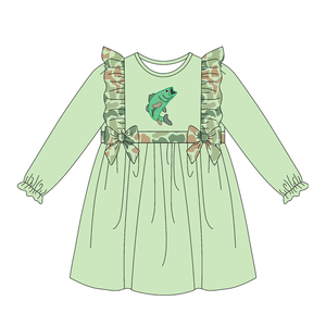 GLD1599 Vestido hasta la rodilla de manga larga con estampado de cachorro camuflado marrón para niña, venta al por mayor - Product Image 2