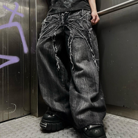 Jean large pour homme, style gothique toile d'araignée, effet vieilli, punk grunge, brodé, noir délavé, coupe baggy, en denim imperméable 100% coton