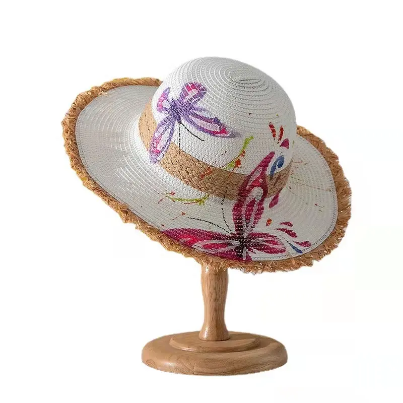Соломенные шляпы хорошего дизайна с милым мультяшным рисунком из бумажного материала с мягкими полями и цветами от солнца