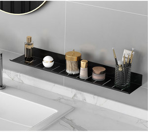 Étagère murale de salle de bain avec découpe pour robinet, sans perçage, en aluminium, support flottant pour cosmétiques et articles de toilette, noir et blanc - Product Image 3