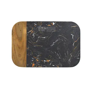 Tábua de corte retangular para queijo, madeira de acácia e mármore preto, charcutaria, bloco de cortar