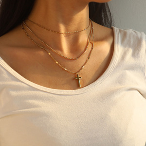 Three Layer <b>Cross</b> Pendant Necklace Gold Zinc Alloy Stackable <b>Chain</b> Clavicle Jewelry For Men And Women - Product Image 4