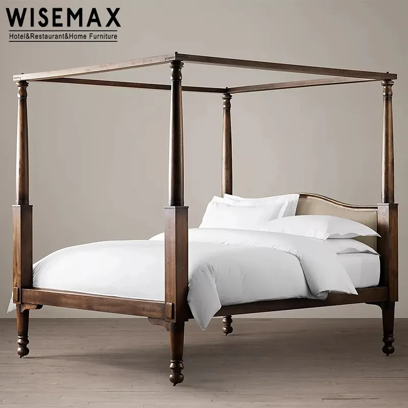 WISEMAX FURNITURE luxury design hotel bedroom furniture solid wood double bed frame king queen retro wooden bed frame for home