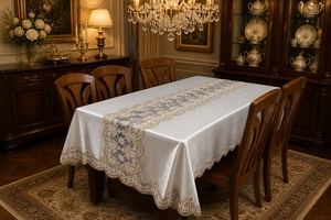 Lussuosa Tovaglia Francese Romantica in Velluto e Flanella, Personalizzata, con Patchwork Scenico e Bordo in Pizzo Floreale Traforato per Matrimoni e Feste - Product Image 4