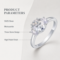 Bague en moissanite, argent sterling 925, coupe ovale, pierre latérale demi-lune, trois pierres, bague de fiançailles pour femme