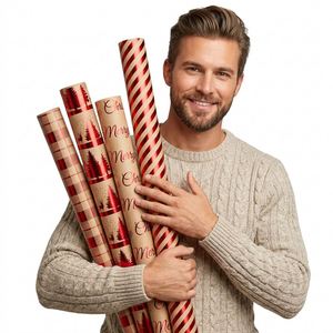 Cross-border Exclusive High-end Large-size Christmas Gift <b>Wrapping</b> <b>Paper</b> Hot-stamped Red Gold Retro Kraft <b>Paper</b> <b>Roll</b> 0.43x3m - Product Image 2