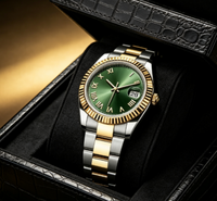 Montre-bracelet bicolore pour hommes d'affaires, cadran vert soleil, chiffres romains, affichage de la date à 3 heures, bracelet en acier