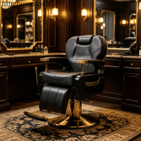 Chaise de barbier traditionnelle haut de gamme avec détails plaqués or, cuir PVC durable et base ronde en acier inoxydable, inclinable