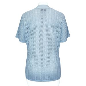 Women's Light Blue Pointelle Knit Lace-Up V-Neck Short Sleeve Cardigan Sweater Casual Summer Top - Product Image 2