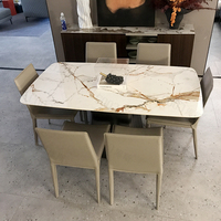 Ensemble de table à manger en acier inoxydable de luxe de style italien avec plateau en marbre, 6 places, table à manger rectangulaire longue de taille king, table de banquet