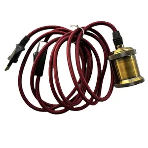 Eu Plug Extension Tissu Fil Rouge E27 Avec Un Anneau Support De Lampe En Métal Noir Avec Prise Et Interrupteur Cordon D'alimentation
