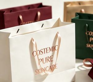 Custom printed personalized shopping paper <b>bags</b> With Ribbon Handles Gold Stamp Printing Reusable Paper <b>Bag</b> Cosmetic Packaging - Product Image 4