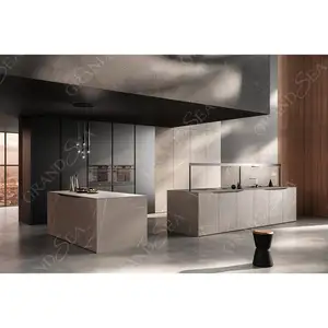 Grandsea Modern Island Kitchen Designs Complete Metal Laminate Glossy Kitchen Cabinets Supplier