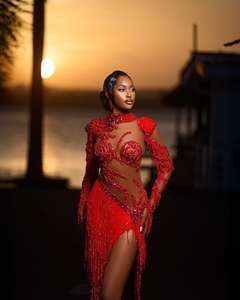 Robes de bal africaines de luxe perlées, sexy, à manches longues, style Aso Ebi, robes de soirée à traîne, personnalisées, pour fêtes formelles - Product Image 4