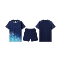 Maillot et Short de Football Respirants 100% Polyester à Motif Géométrique Dégradé Cyan Marine, Impression par Transfert Thermique, Personnalisable pour Équipe