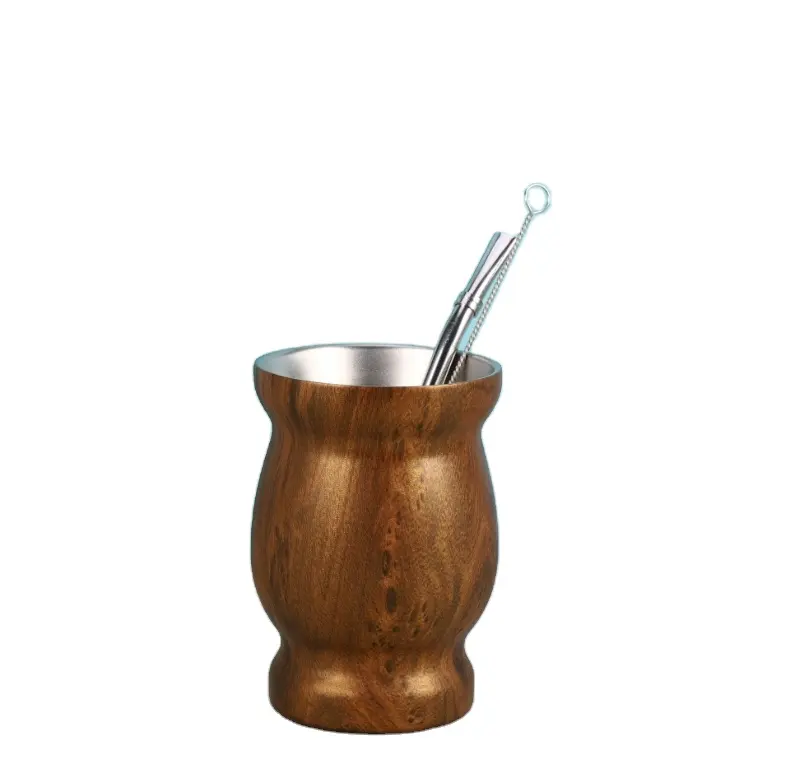 wood grain printing Stainless steel small cups 8 OZ insulated with stainless steel spoon and straw brush