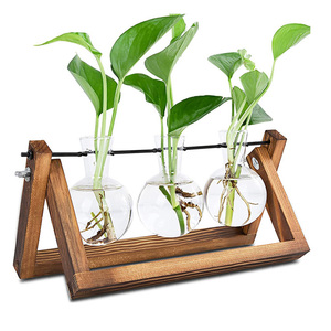 Wholesale Plant Terrarium With Wooden Stand Desktop Air Planter Bulb Glass Vase for Indoor Office <b>Decoration</b> - Product Image 1