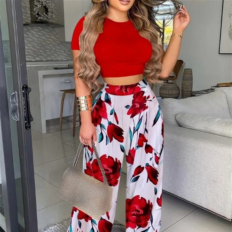 Amazon hot sale New summer women's set two piece crop top and flower printed pants plus size women sets outfit