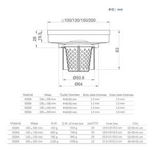 Siphon de sol de <span class=keywords><strong>douche</strong></span> moderne 150x150mm en acier inoxydable SUS304/316L avec grille antidérapante et anti-colmatage, design carré rapide - Product Image 4