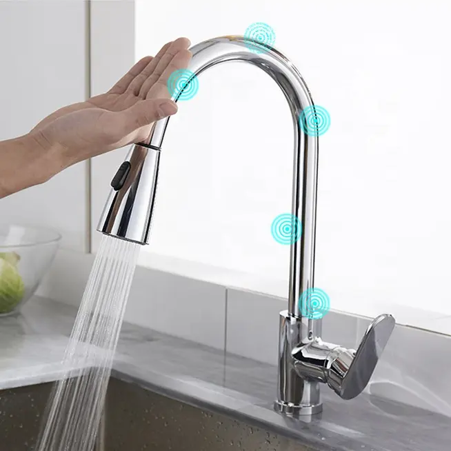 Modern flexible pull out faucet kitchen copper hot cold water touch kitchen faucet with pull down sprayer