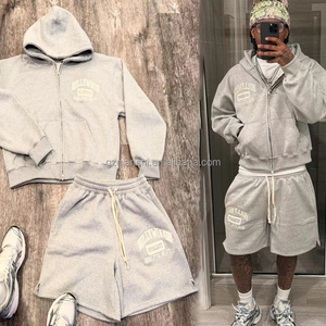 Conjuntos Deportivos Unisex Personalizados de Algodón, Conjunto de 2 Piezas con Shorts Tipo <span class=keywords><strong>Jogger</strong></span>, Rompevientos Holgado de Retazos para Hombre, Conjunto de Sudadera con Capucha y Shorts - Product Image 2