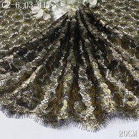 Dentelle Chantilly Française de Luxe Dorée à la Feuille d'Or, Bordure en Dentelle à Cils Noire Douce de 20 cm avec Motifs Floraux en Maille pour Robe de Soirée Haute Couture