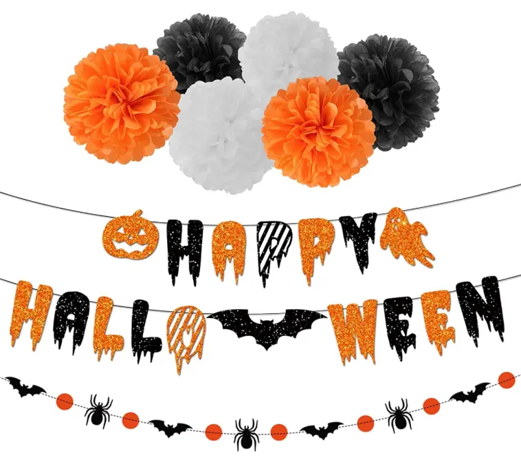 Joyeux Halloween bannière papier pompons bruant fleur banderoles jack-o '-lanterne fantôme chauve-souris araignée guirlande pour Halloween fête décor