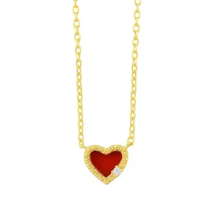 Collar de plata de ley 925 con corazón rojo y corazón de melocotón, cadena de clavícula de oro rosa, venta al por mayor