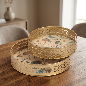 Floral Pattern <b>Serving</b> <b>Trays</b> Set of 2 Polished Metal Decorative Residential Use - Product Image 5