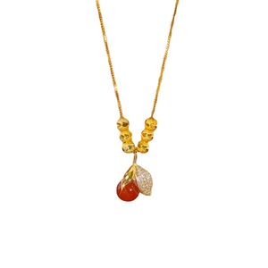 Titanium Steel Red Agate Lucky Bead Necklace For Women Fruit Shape Leaf Pendant Clavicle Chain Gift Fashion Jewelry - Product Image 4