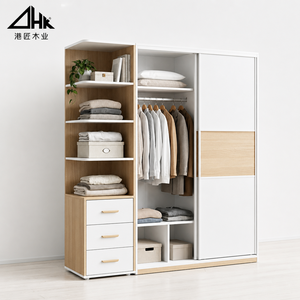 Armoire coulissante en bois blanc avec étagères ouvertes, tringle de suspension, trois tiroirs et compartiments de rangement inférieurs pour chambre à coucher - Product Image 2