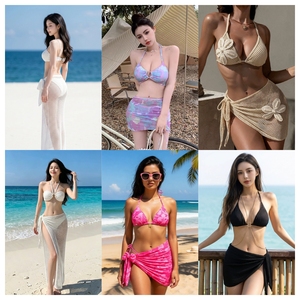 Ensemble bikini 3 pièces tendance pour femme : haut dos nu, bas jupe, imprimé floral, maillot de bain extensible froncé avec design torsadé - Product Image 2