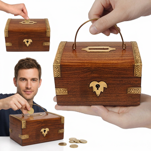 Tirelire en bois sécurisée avec serrure à clé, marron, avec logo personnalisé pour cadeau d'enfant - Respectueuse de l'environnement - Product Image 2
