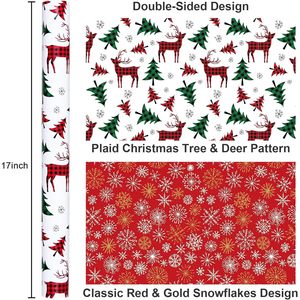 Rollo de papel de regalo navideño reversible de 17 pulgadas x 33 pies con diseño de renos y copos de nieve para regalos, manualidades y embalaje festivo - Product Image 3