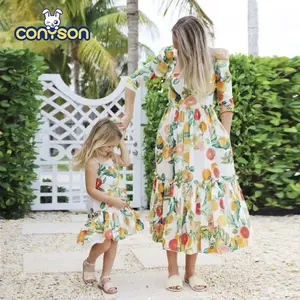 Conyson New Arrival Pastoral Style Spring Summer 100% Polyester Shirring Design Sweet Princess Dress New Parent-child Outfit
