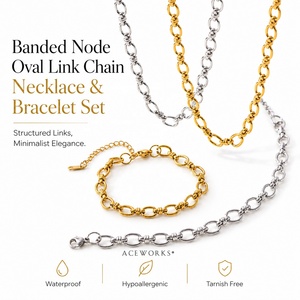 Banded Node Necklace Bracelet | Stainless Steel 18K PVD Gold Plated Oval Link Chain Jewelry <b>Set</b> Wholesale | Waterproof & Durable - Product Image 1