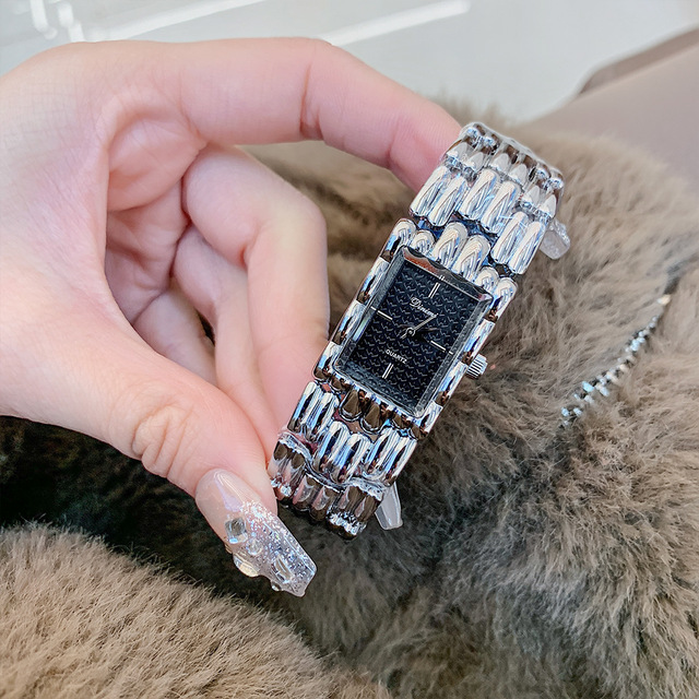 Luxury Women's Square Quartz Watch Gold Accents Ronda Movement Sapphire Crystal Dial 16mm Stainless Steel Band Pointer Display