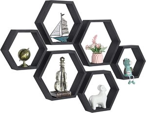 Set 6 Black Wooden Hexagon Floating <b>Shelves</b> <b>Square</b> Storage Honeycomb Boxes Single Standing OEM Design Painted Surface Storage - Product Image 1