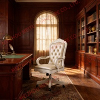 Fauteuil pivotant en cuir capitonné blanc, dossier haut en bois de cerisier avec garniture cloutée, chaise de bureau roulante vintage pour la maison