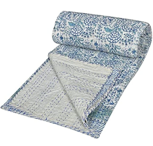Indigo Blue Cotton Kantha <b>Quilt</b> Twin Size 60x90 Inch Handmade <b>Bedspread</b>, Traditional Indian Patchwork Bedsheet - Product Image 4