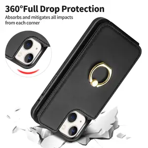 Casing Kulit untuk Iphone 14 Pro Max Tempat Kartu 360 Rotasi Cincin Kickstand RFID Memblokir Tombol Snap Casing Pelindung Dirancang
