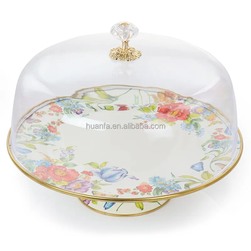 Luxury Wedding & Party Enamel Coating Cake Stand Plate Platter With Dome Display Cake Stand