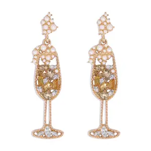 Baru Kedatangan Pernyataan Mewah Drop Earring Mode Perhiasan Aksesoris untuk Wanita Grosir Anggur Merah Cup Bridal Kristal Anting