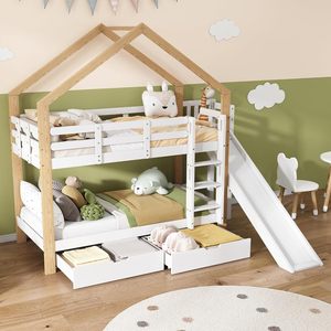 Lit superposé avec toboggan et échelle <span class=keywords><strong>d</strong></span>'<span class=keywords><strong>angle</strong></span> à trois étages et 2 tiroirs Lit de maison avec protection contre les chutes Cadre de lit en bois massif blanc - Product Image 1