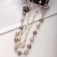 Collier long vintage en alliage émaillé avec fleur double face et strass, style coréen, perles françaises