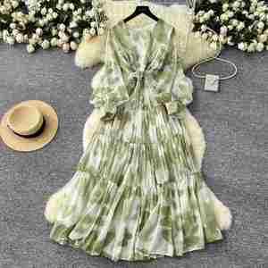 Vestido Midi Casual de Verano 2025 para Mujer, Estilo Túnica Romana Tejida con Cuello Redondo, Manga Linterna, Estampado Digital en Relieve, Poliéster/Algodón - Product Image 2