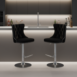 Modern Black Velvet Bar <b>Stools</b> Set Of 2 <b>Adjustable</b> <b>Height</b> Chrome Base Upholstered Tufted Design For Home Bar - Product Image 2